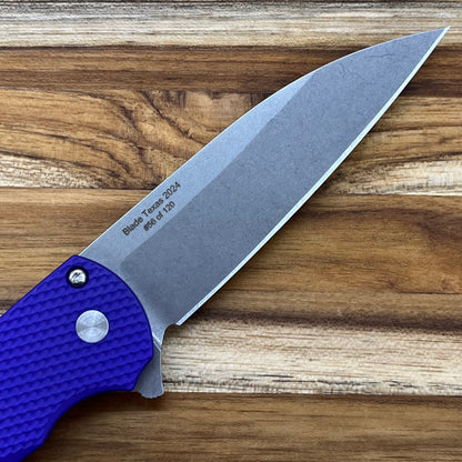 Pro-Tech Malibu Custom 2024 Blade Texas 3.25" Stonewash Flipping Knife w/ Mother of Pearl Button & Textured Purple Aluminum Handle