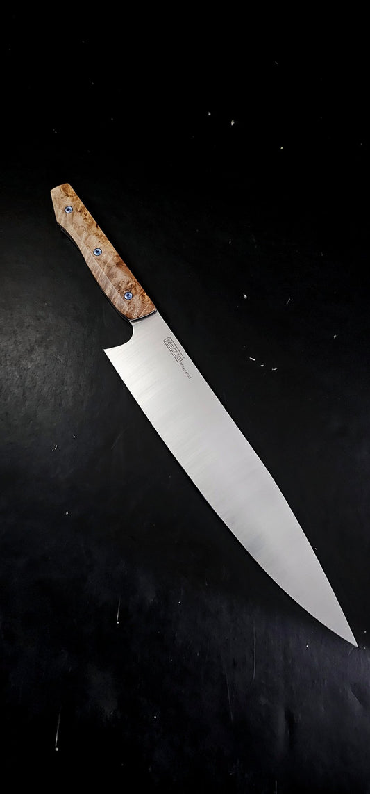 Meglio 10" Semi-custom Satin Magnacut Western Chef's Knife with Maple Burl Handles