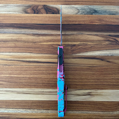 Microtech Combat Troodon Gen III D/E 4" OTF w/ Pink/Blue Black Splatter Aluminum Handle