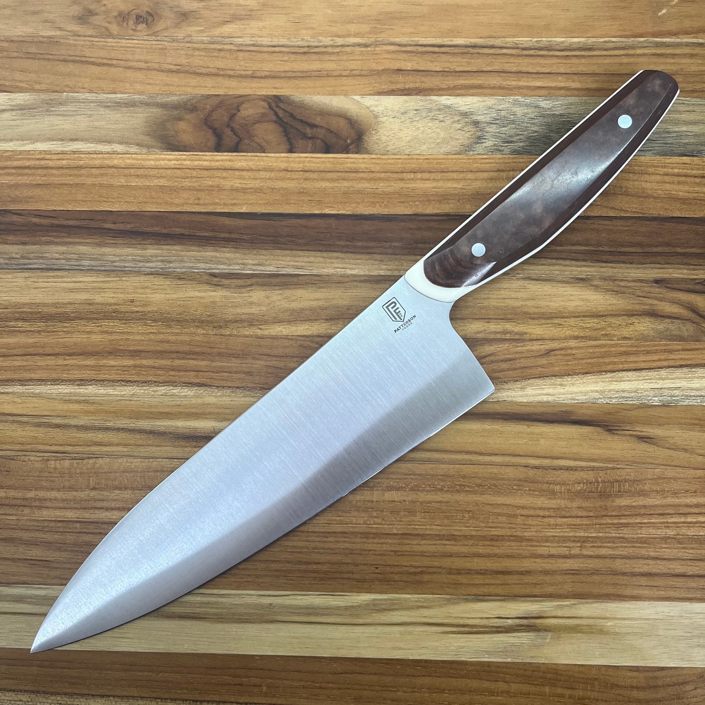 Patterson Forge Semi-Custom 200mm (8") Chef's Knife w/ Vintage Brown Micarta & White Linen Accent