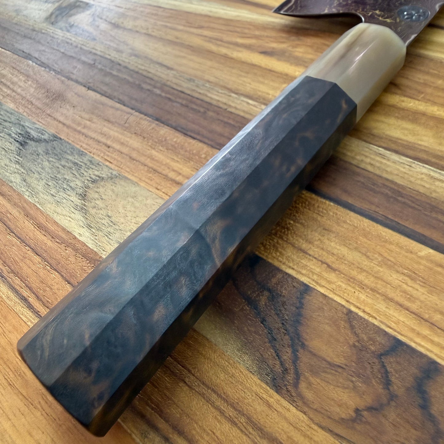 Tung Dao Custom 216mm (8.5") Nakiri w/ Gold & Red Coppermai Damascus & Kháo Burl Wa Handle