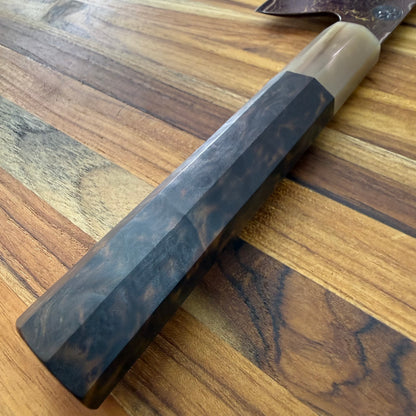 Tung Dao Custom 216mm (8.5") Nakiri w/ Gold & Red Coppermai Damascus & Kháo Burl Wa Handle