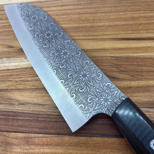 Running Man Forge Semi-Custom 170mm (6.75") Santoku w/ Laser Engraving & Black Micarta Handle