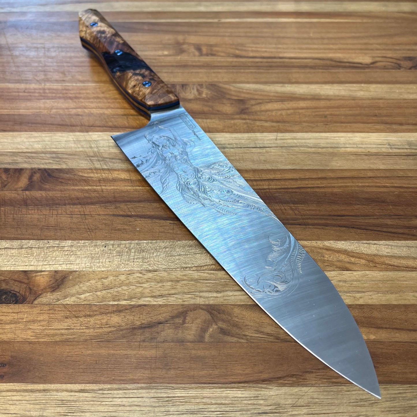 Meglio Semi-Custom 8" Satin Gyuto 2.0 w/ Lasered Calypso & Spalted Maple Burl Handle