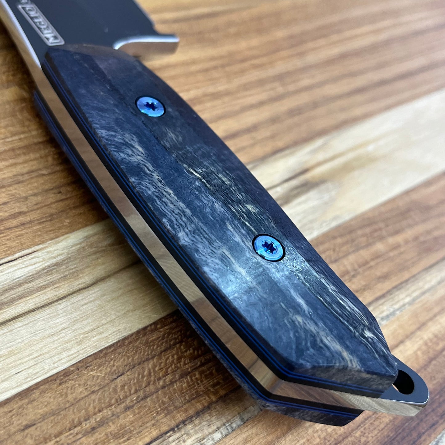 Meglio Blade Show Semi-Custom H-Series 4" Outdoor Kitchen Knife w/ Lasered Calypso & Blue/Black Primavera Handle