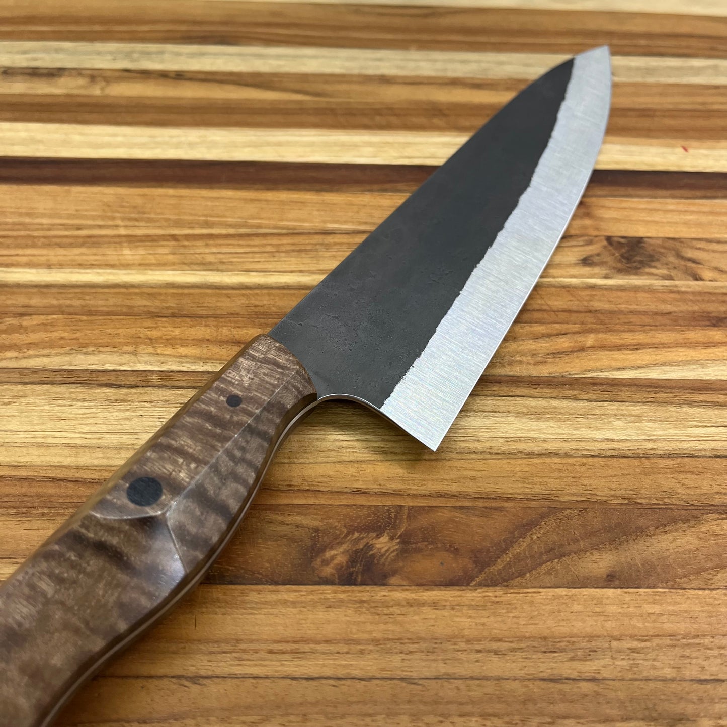 Running Man Forge Custom 215mm (8.5") Thin Forged Gyuto w/ Brown Curly Walnut Handle