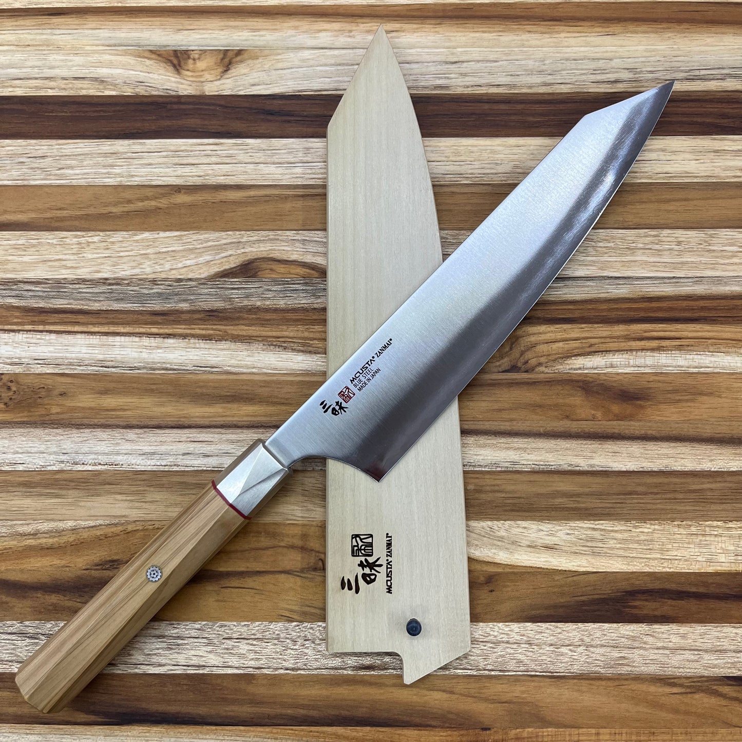 Mcusta Zanmai Beyond Blue 210mm (8.25") Natural Wood Gyuto Saya w/ Pin