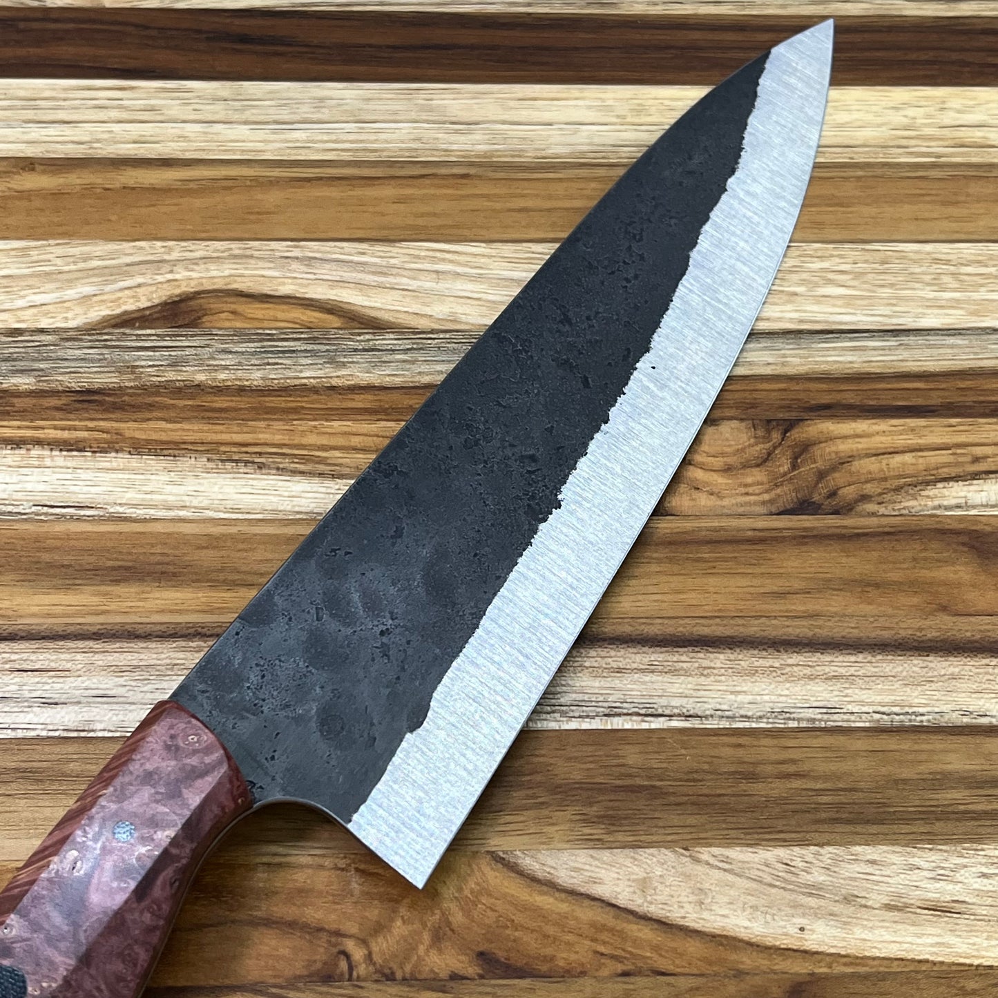 Running Man Forge Custom 215mm (8.5") Thin Forged Gyuto w/ Burgundy Maple Burl Handle