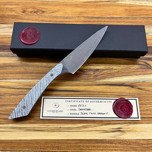 Studio Blade PFDC 4.25" Damasteel Steak Knife w/ Silver Twill Carbon Fiber