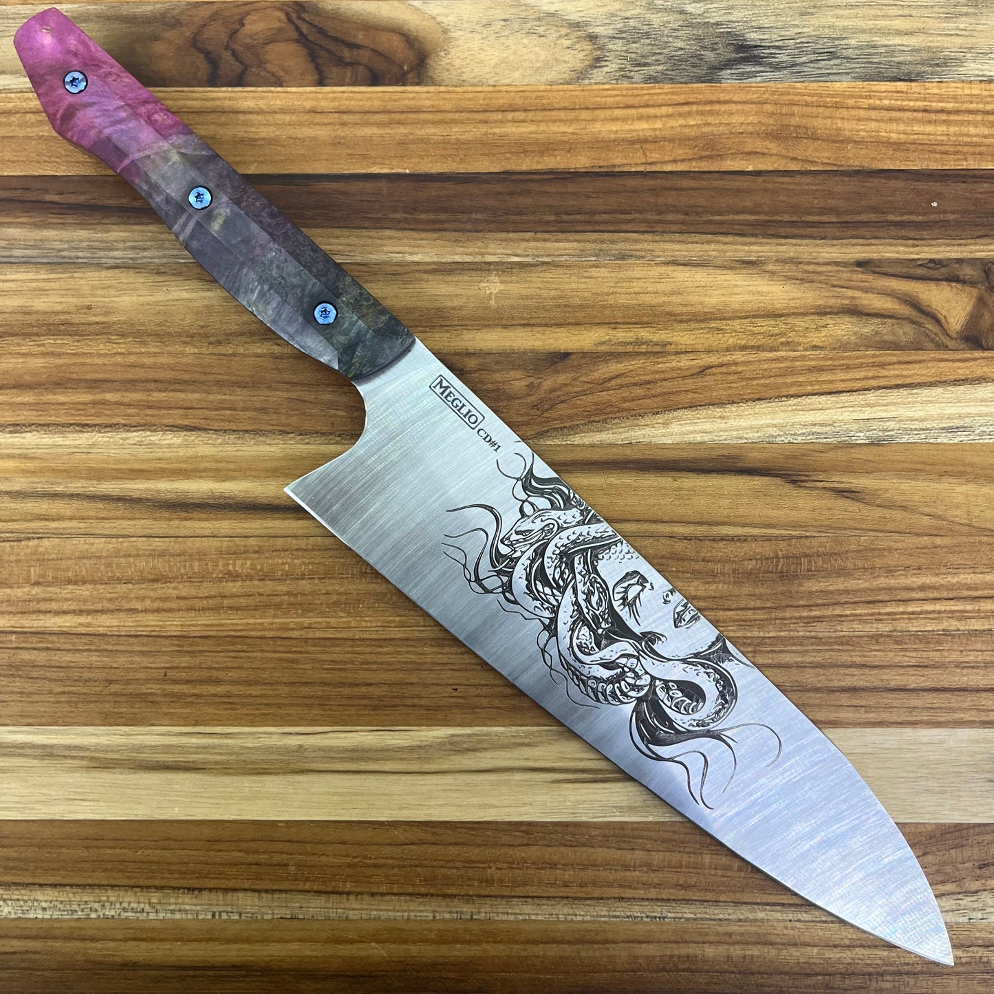 Meglio Blade Show Semi-Custom 8" CD#1 Satin Gyuto 2.0 w/ Lasered Medusa & Tie-Dye Box Elder Handle