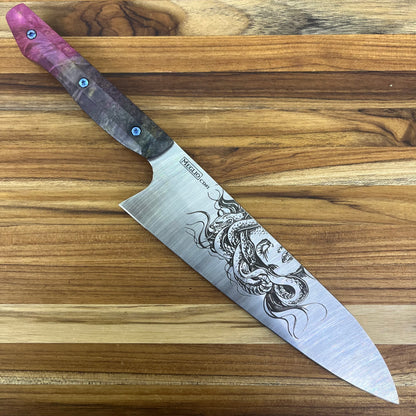 Meglio Blade Show Semi-Custom 8" CD#1 Satin Gyuto 2.0 w/ Lasered Medusa & Tie-Dye Box Elder Handle