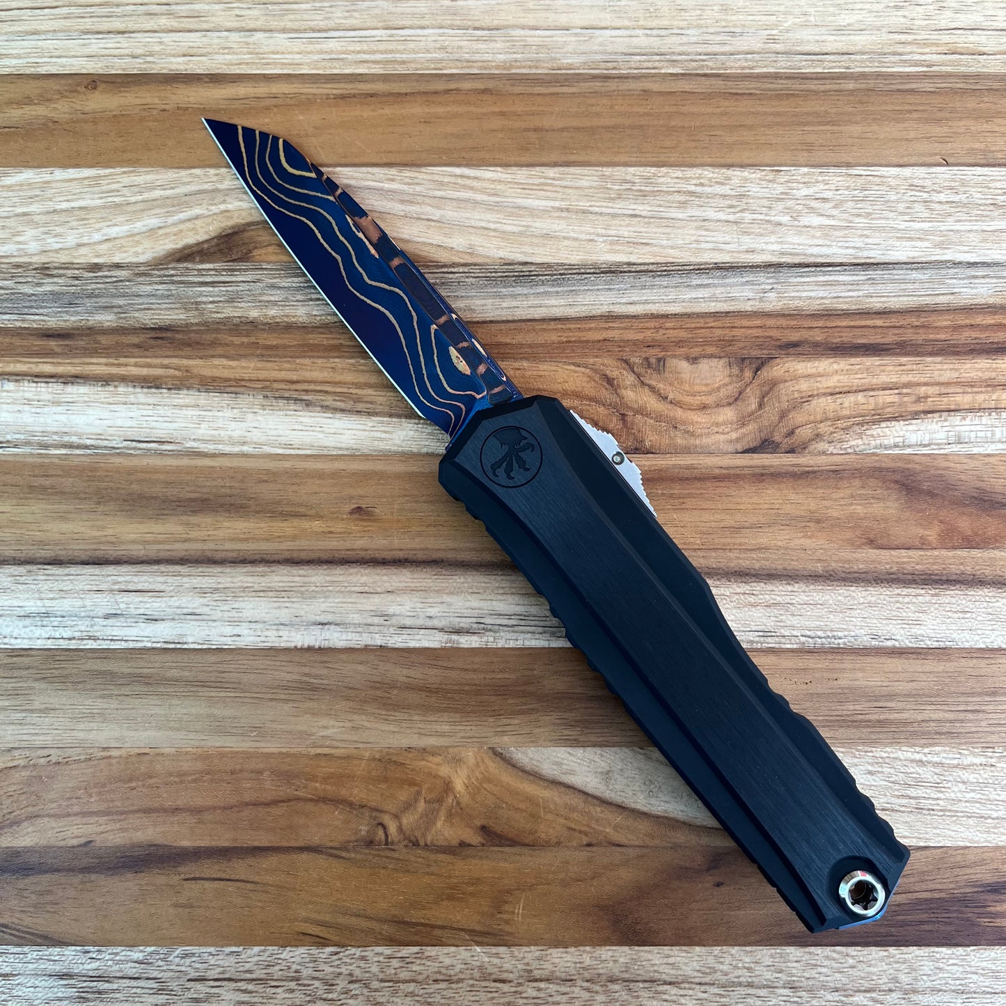 Microtech Signature Series Marfione Select Blued Baker Forge S/E Coppermai Damascus Cypher II Gen III 3.25" OTF w/  Hefted Black Aluminum Handle & Tritium Insert