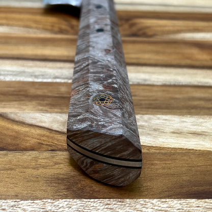 Running Man Forge Custom 150mm (6") Thin Forged Petty w/ Smoky Brown Maple Burl Handle & Gold Mosaic Inlay