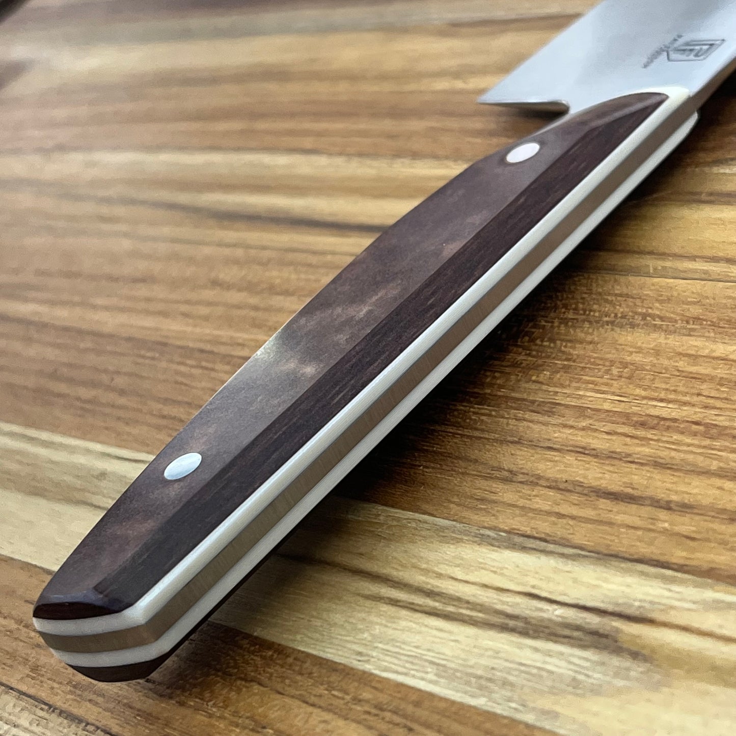 Patterson Forge Semi-Custom 165mm (6.5") Santoku w/ Vintage Brown Micarta Handle & White Linen Accent