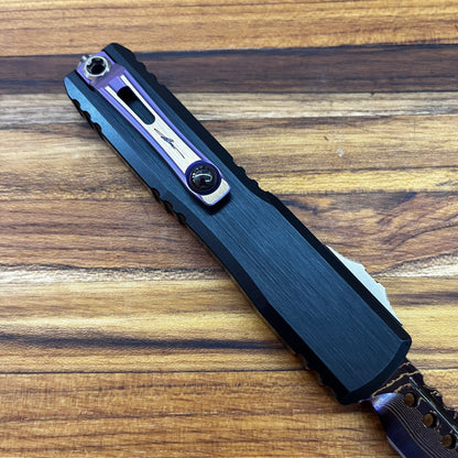 Microtech Ultratech Gen III Hellhound 4" OTF Marfione Select Blued Baker Forge Coppermai Damascus w/ Purple Titanium Accent