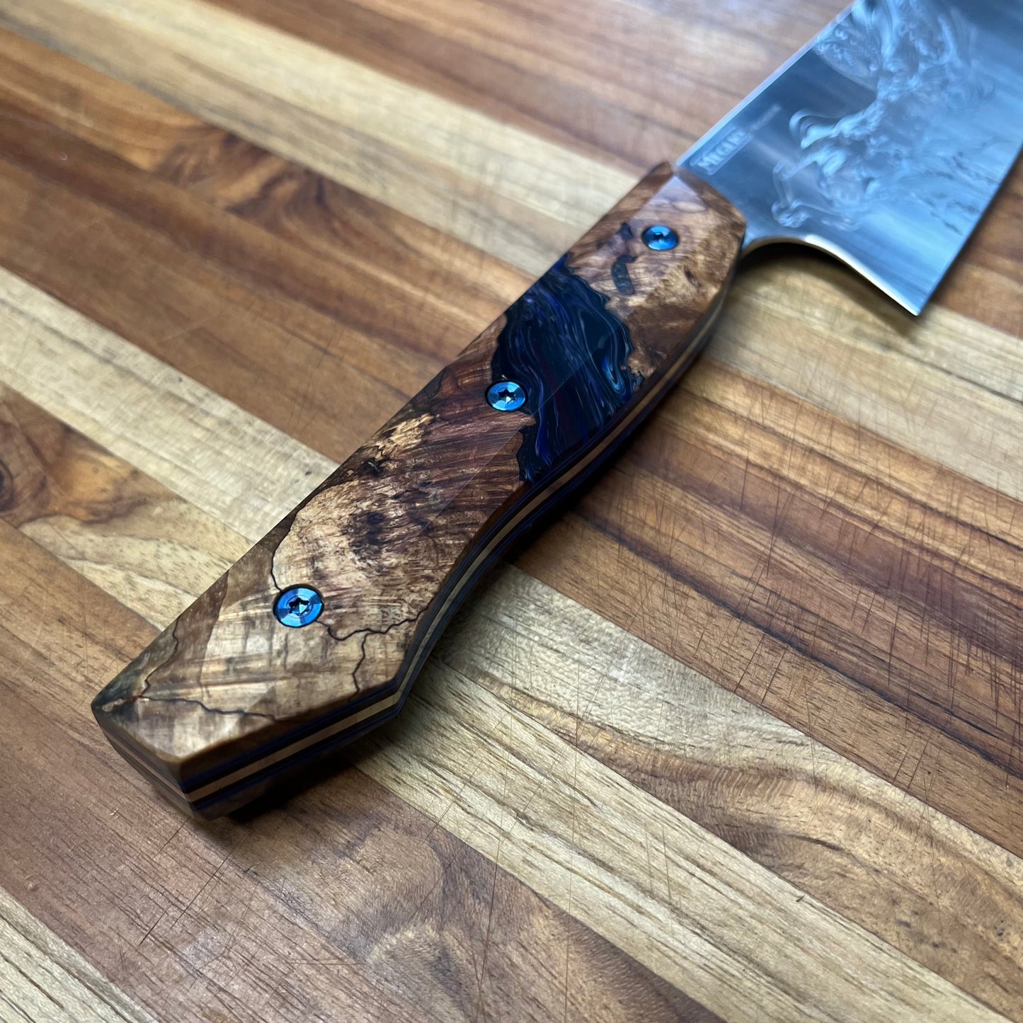 Meglio Semi-Custom 8" Satin Gyuto 2.0 w/ Lasered Calypso & Spalted Maple Burl Handle