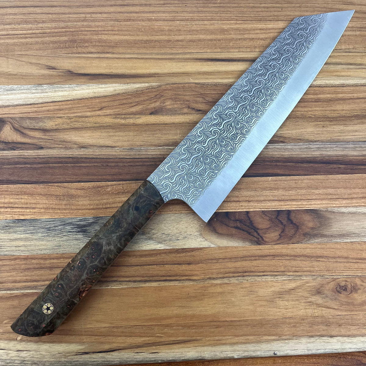 Running Man Forge Semi-Custom 210mm (8.25") Kiritsuke w/ Laser Engraving & Brown/Orange Maple Handle