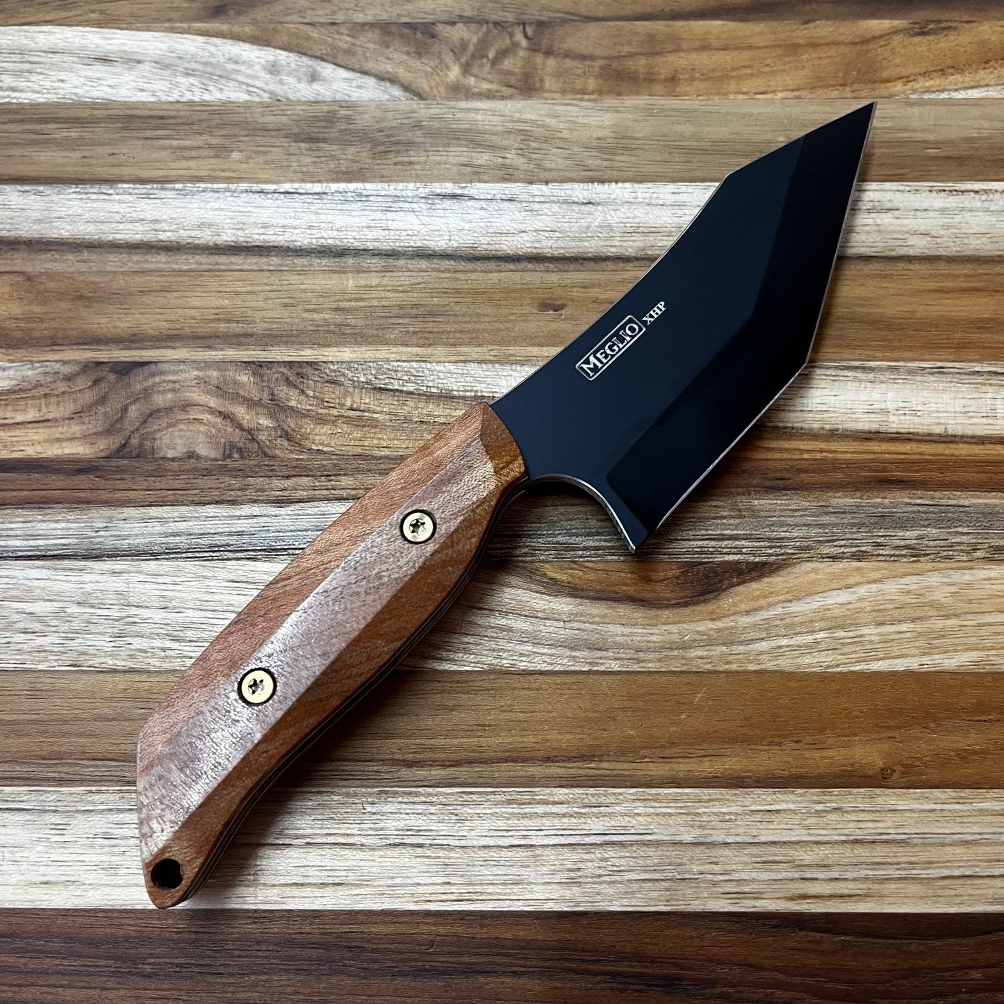 Meglio Semi-Custom T-Series 4" DLC Outdoor Kitchen Knife w/ Sheath & Maple Burl Handle