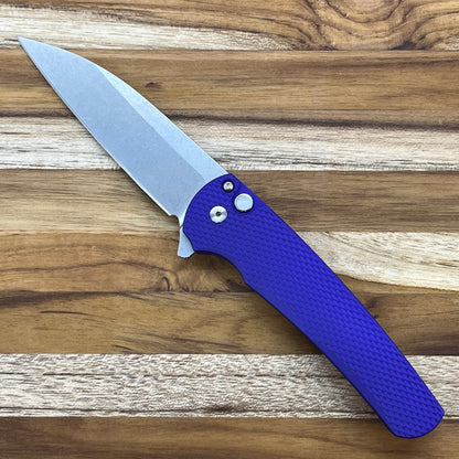 Pro-Tech Malibu Custom 2024 Blade Texas 3.25" Stonewash Flipping Knife w/ Mother of Pearl Button & Textured Purple Aluminum Handle