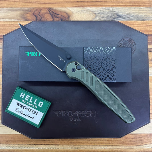 Pro-Tech Avalon 4" Folding Knife DLC Black w/ Knurled & Battleworn Green Aluminum Handle