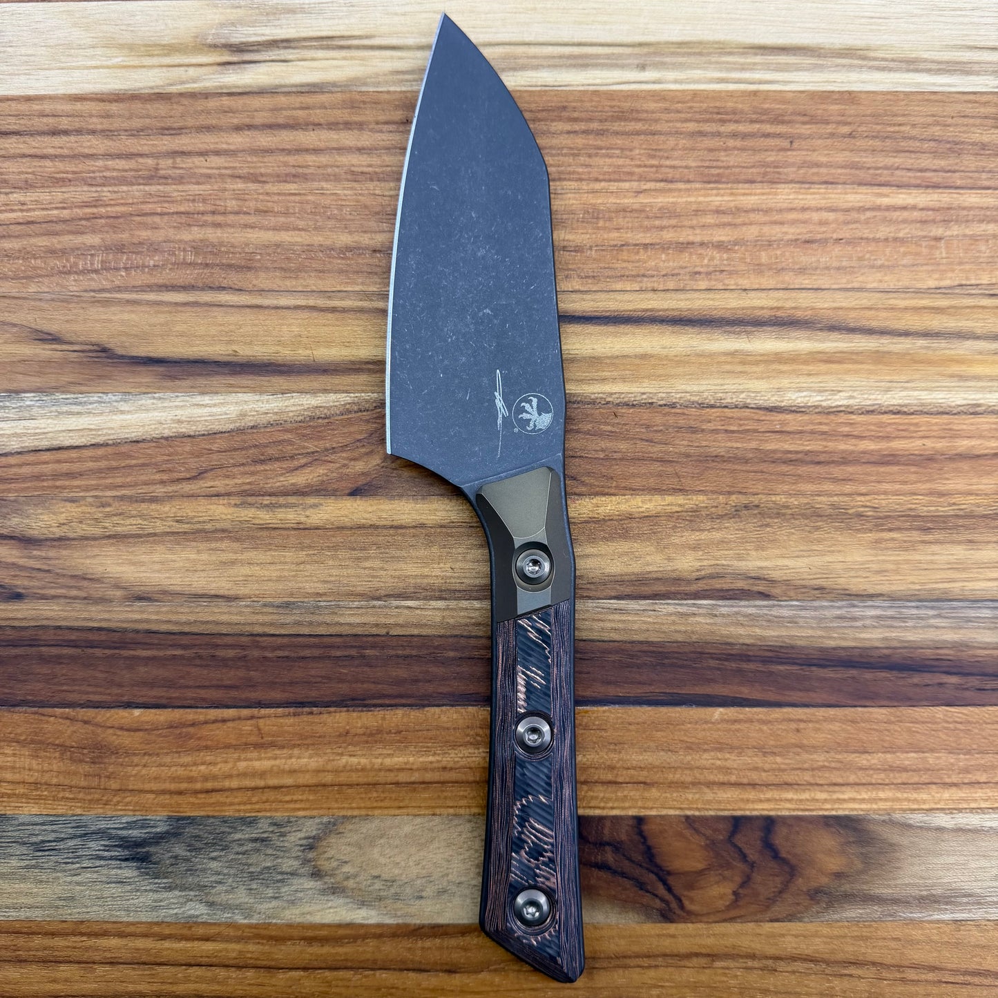 Microtech Signature Series Culinary 4.2" DLC Santoku w/ Bronze Titanium Bolster & Livewire Carbon Fiber Handle