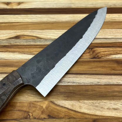 Running Man Forge Custom 215mm (8.5") Thin Forged Gyuto w/ Grey-Brown Curly Walnut Handle