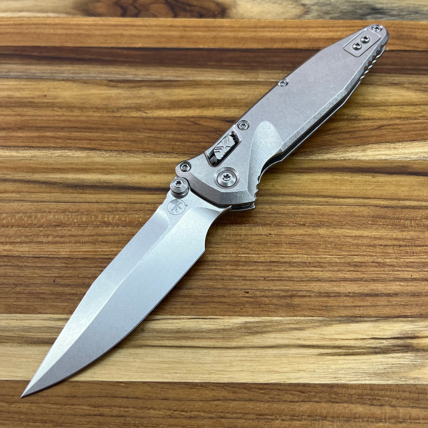 Microtech Marfione Select Socom Ram-Lok Spear Point 4" Folding Knife w/ Stonewashed Titanium & Blue Accented Handle
