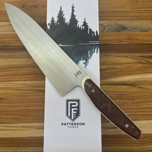 Patterson Forge Semi-Custom 200mm (8") Chef's Knife w/ Vintage Brown Micarta & White Linen Accent