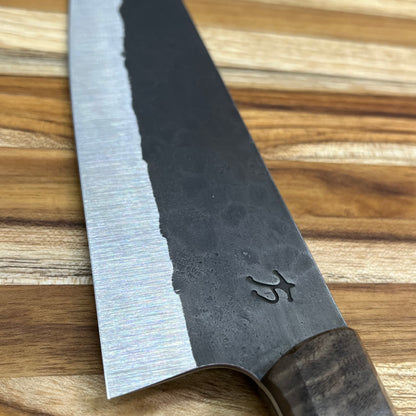 Running Man Forge Custom 215mm (8.5") Thin Forged Gyuto w/ Grey-Brown Curly Walnut Handle