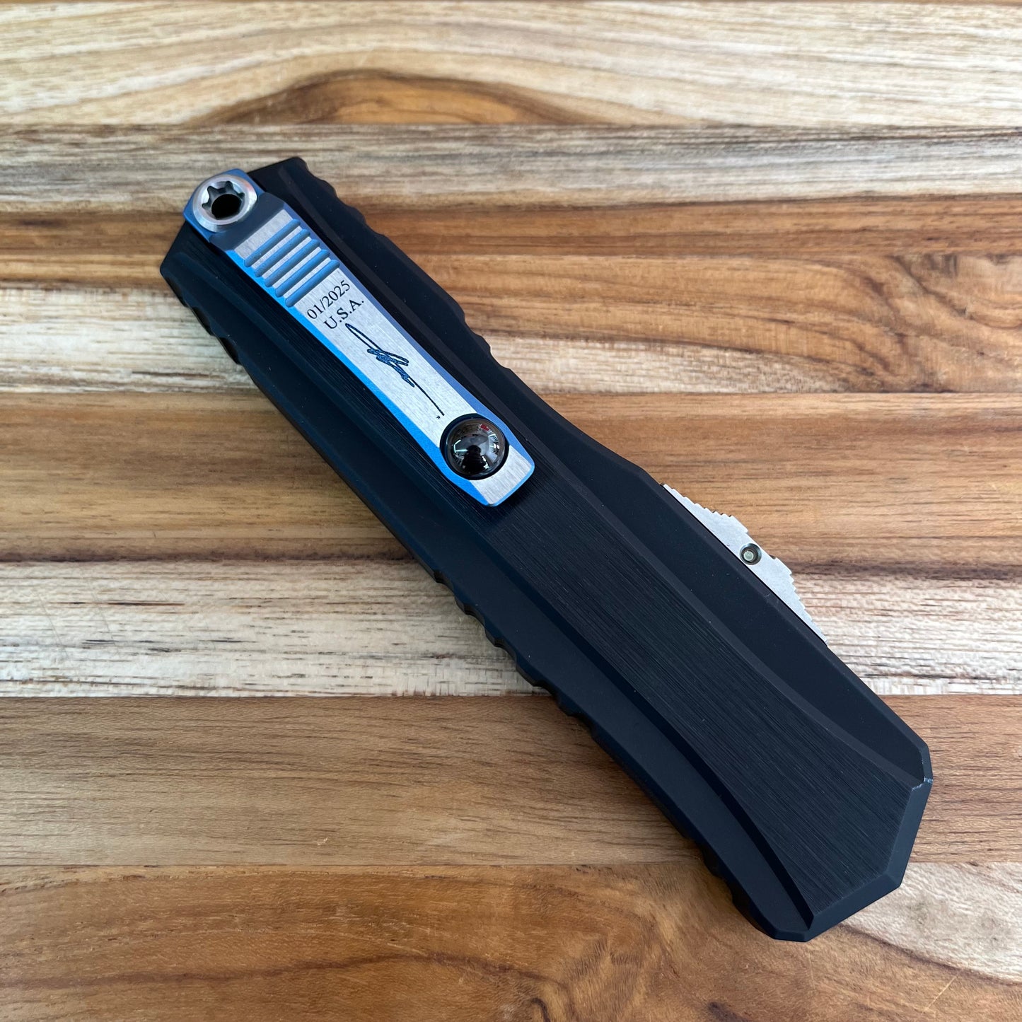 Microtech Signature Series Marfione Select Blued Baker Forge S/E Coppermai Damascus Cypher II Gen III 3.25" OTF w/  Hefted Black Aluminum Handle & Tritium Insert