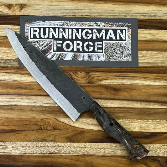 Running Man Forge Custom 215mm (8.5") Thin Forged Gyuto w/ Grey & Blue Maple Burl Handle