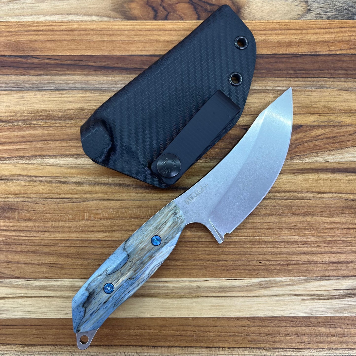 Meglio Blade Show Semi-Custom H-Series 4" Outdoor Kitchen Knife w/ Blue Spalted Maple Handle