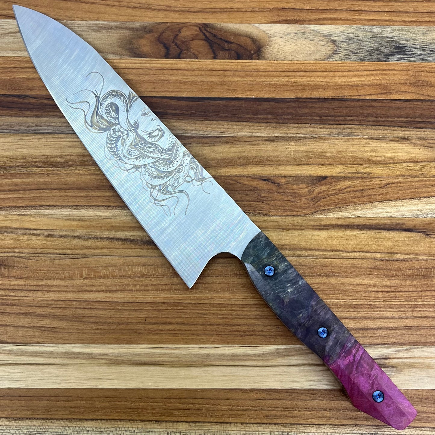 Meglio Blade Show Semi-Custom 8" CD#1 Satin Gyuto 2.0 w/ Lasered Medusa & Tie-Dye Box Elder Handle