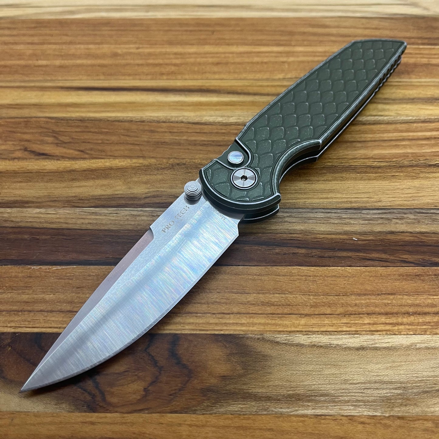 Pro-Tech TR-3 Integrity 3.5" Folding Knife w/ Green Battleworn Reptile Texture Aluminum Handle