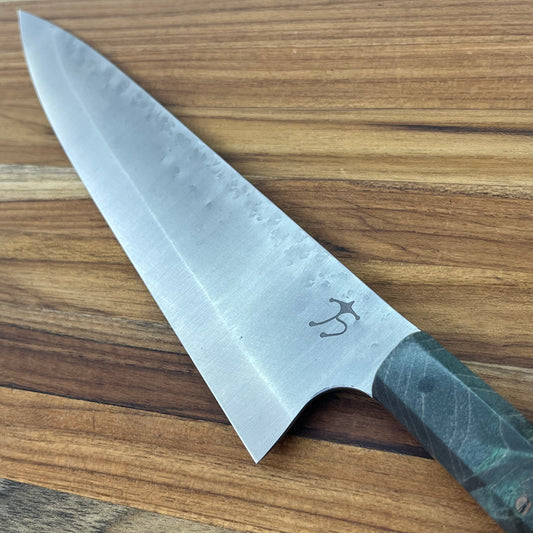 Running Man Forge Ready Series 200mm (8") Carbon Steel Chef's Knife w/ Turquoise Maple Burl Handle