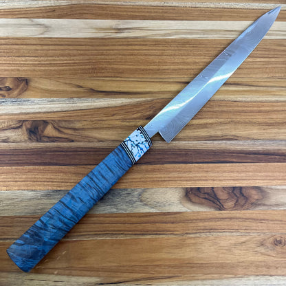 3rd Hill Customs Damasteel 225mm (9") Sujihiki w/ Blue Curly Maple Handle