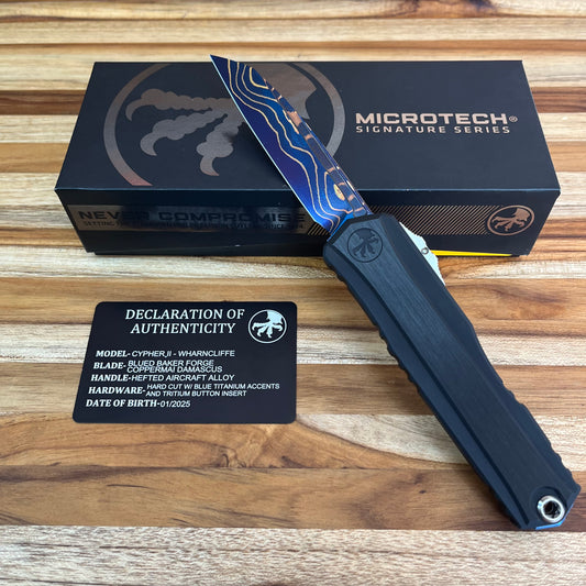 Microtech Signature Series Marfione Select Blued Baker Forge S/E Coppermai Damascus Cypher II Gen III 3.25" OTF w/  Hefted Black Aluminum Handle & Tritium Insert