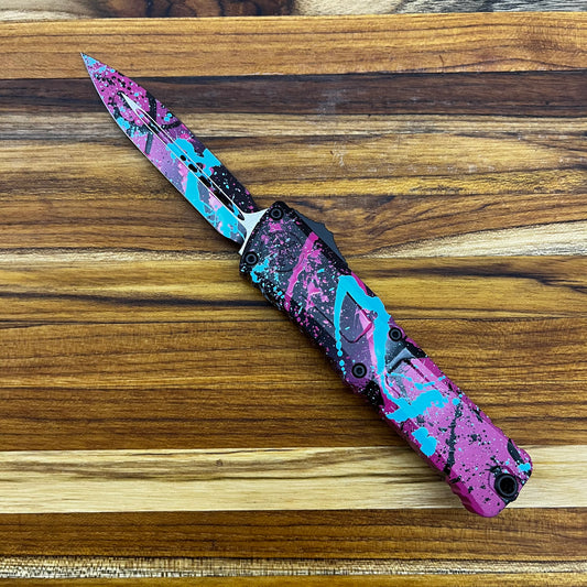 Microtech Combat Troodon Gen III D/E 4" OTF w/ Black/Pink Light Blue Splatter Aluminum Handle