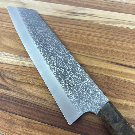 Running Man Forge Semi-Custom 210mm (8.25") Kiritsuke w/ Laser Engraving & Brown/Orange Maple Handle