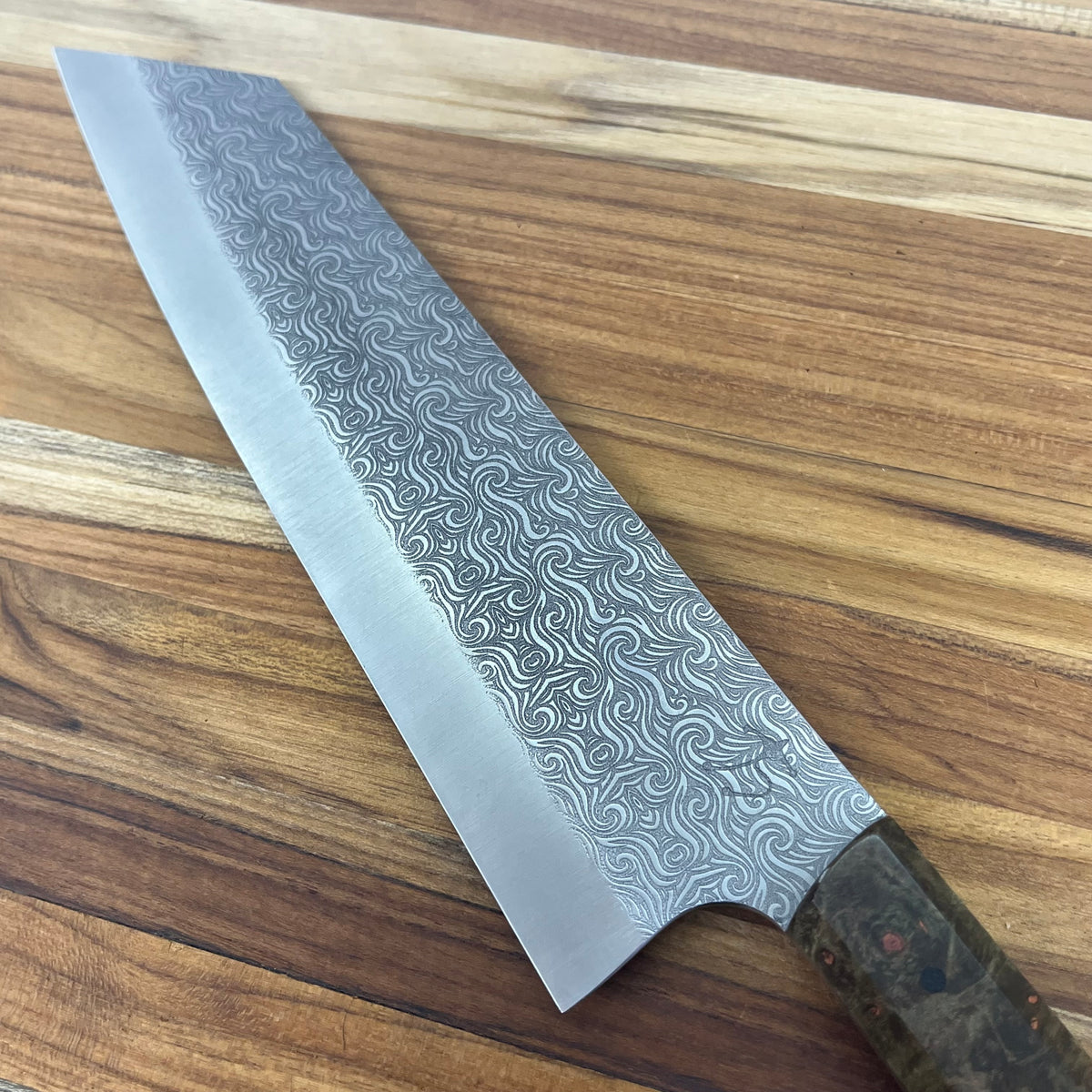 Running Man Forge Semi-Custom 210mm (8.25") Kiritsuke w/ Laser Engraving & Brown/Orange Maple Handle
