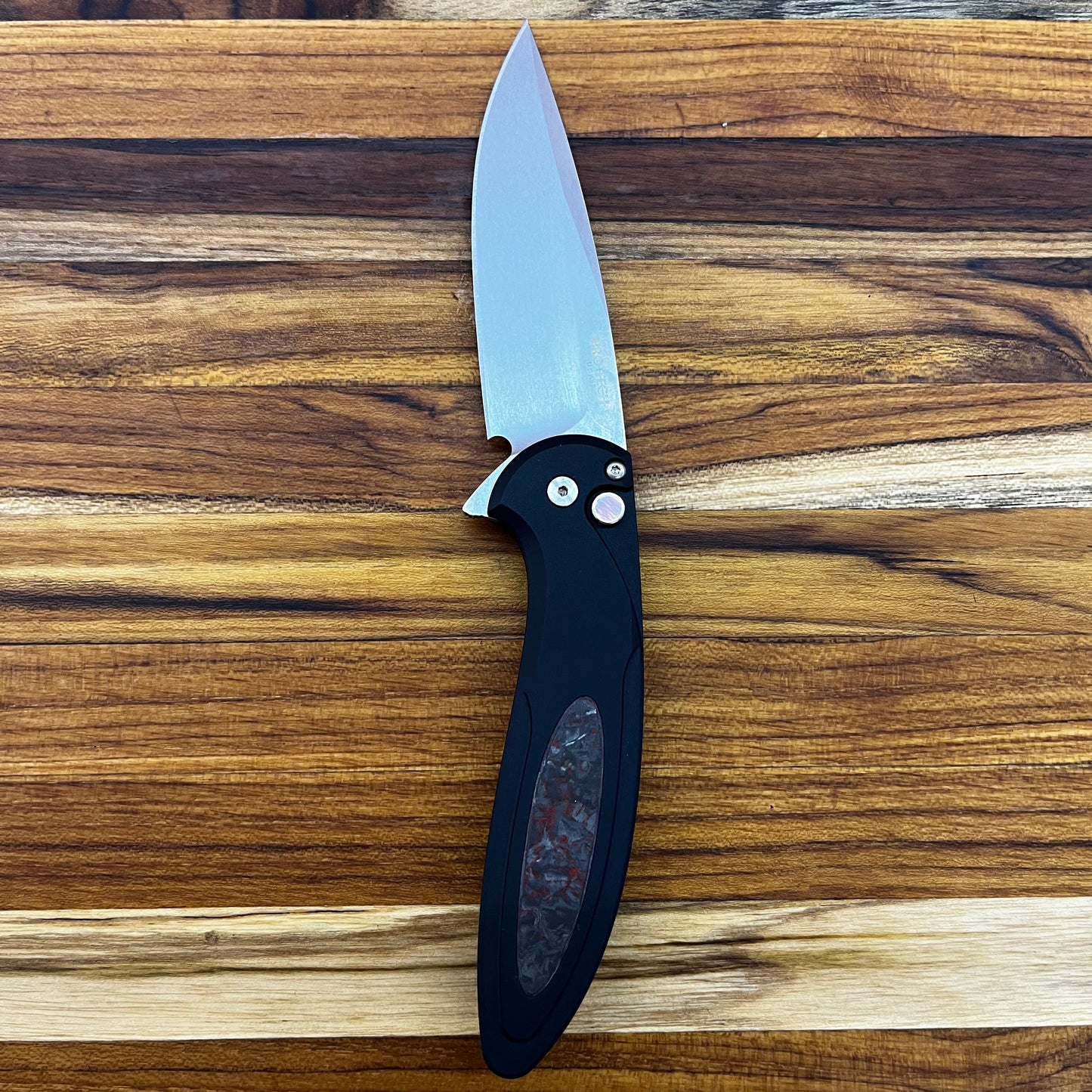 Pro-Tech *Limited Edition* Cambria Flipper 3.5" Folding Knife w/ Black Lip Pearl on Black Aluminum & TechnoCarbo Red Inlay