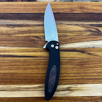 Pro-Tech *Limited Edition* Cambria Flipper 3.5" Folding Knife w/ Black Lip Pearl on Black Aluminum & TechnoCarbo Red Inlay