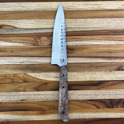 Running Man Forge Custom 150mm (6") Thin Forged Petty w/ Smoky Brown Maple Burl Handle & Gold Mosaic Inlay