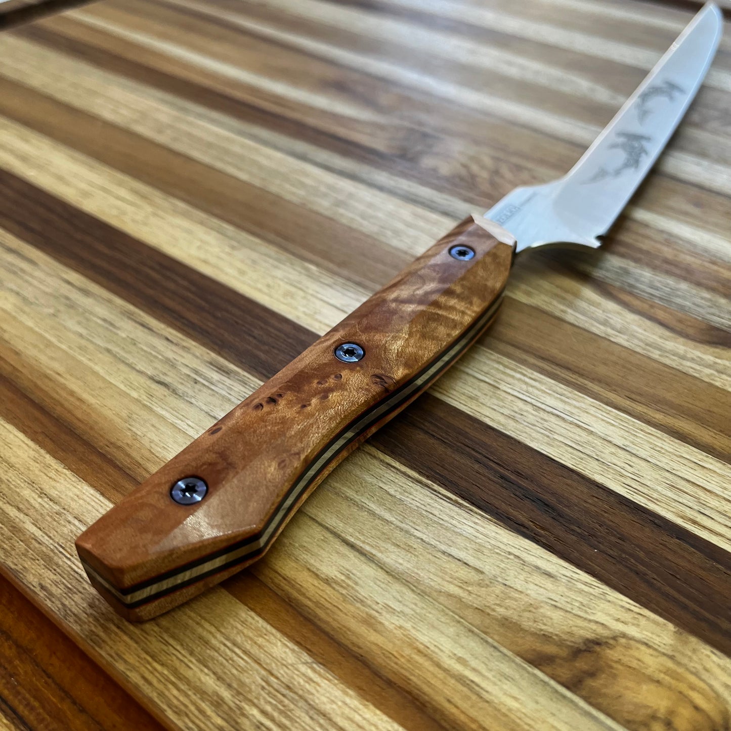 Meglio Semi-Custom 8" Satin Offset Fillet Knife w/ Lasered Hammerhead & Birdseye Maple Handle