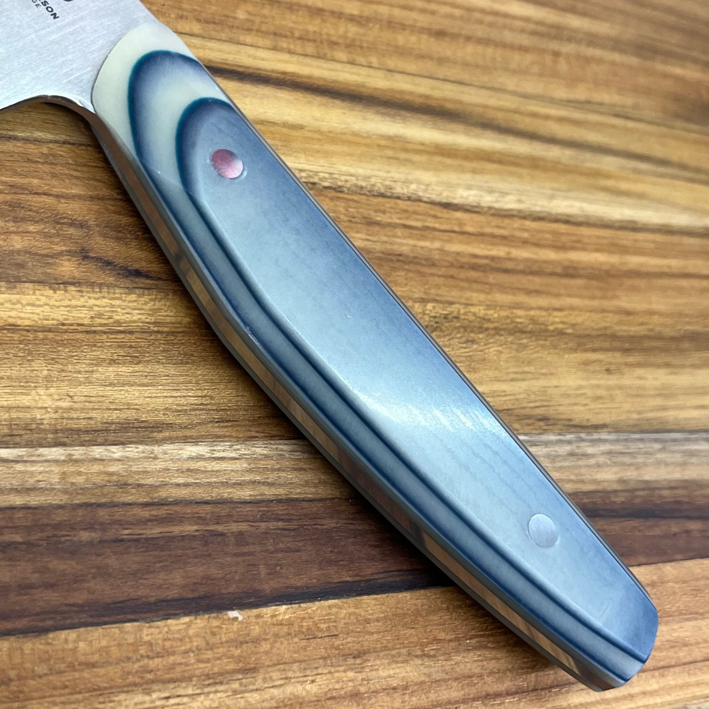 Patterson Forge Semi-Custom 200mm (8") Chef's Knife w/ White & Blue Paper Micarta Handle