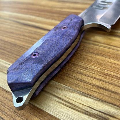 Meglio Blade Show Semi-Custom H-Series 4" Outdoor Kitchen Knife w/ Lasered Pulp Fiction & Purple Bird's Eye Maple Handle