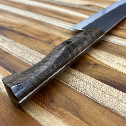 Running Man Forge Custom 215mm (8.5") Thin Forged Gyuto w/ Grey-Brown Curly Walnut Handle