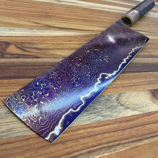 Tung Dao Custom 216mm (8.5") Nakiri w/ Gold & Red Coppermai Damascus & Kháo Burl Wa Handle