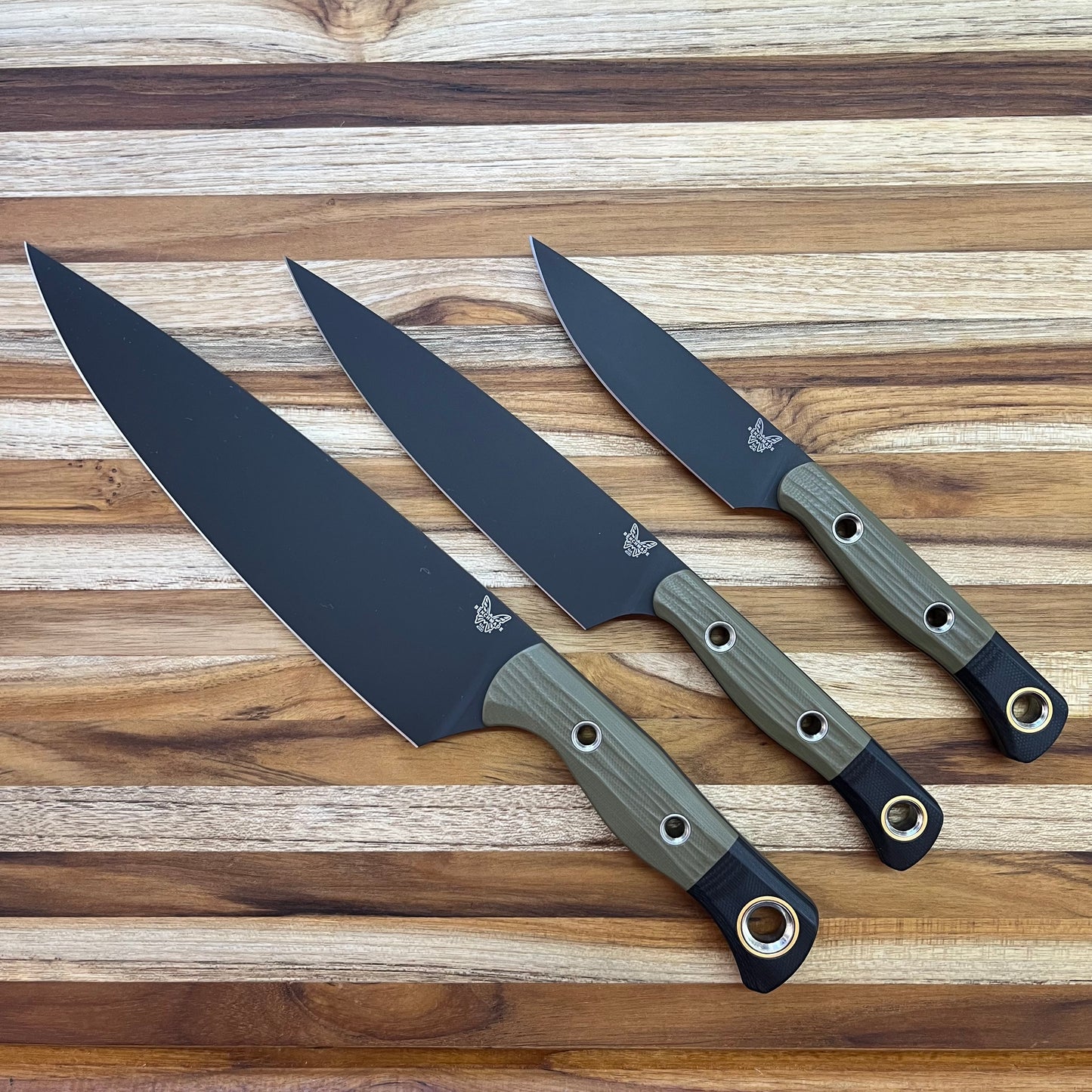 Benchmade Kitchen Knives 3 Piece Set w/ OD Green & Black G10 Handles