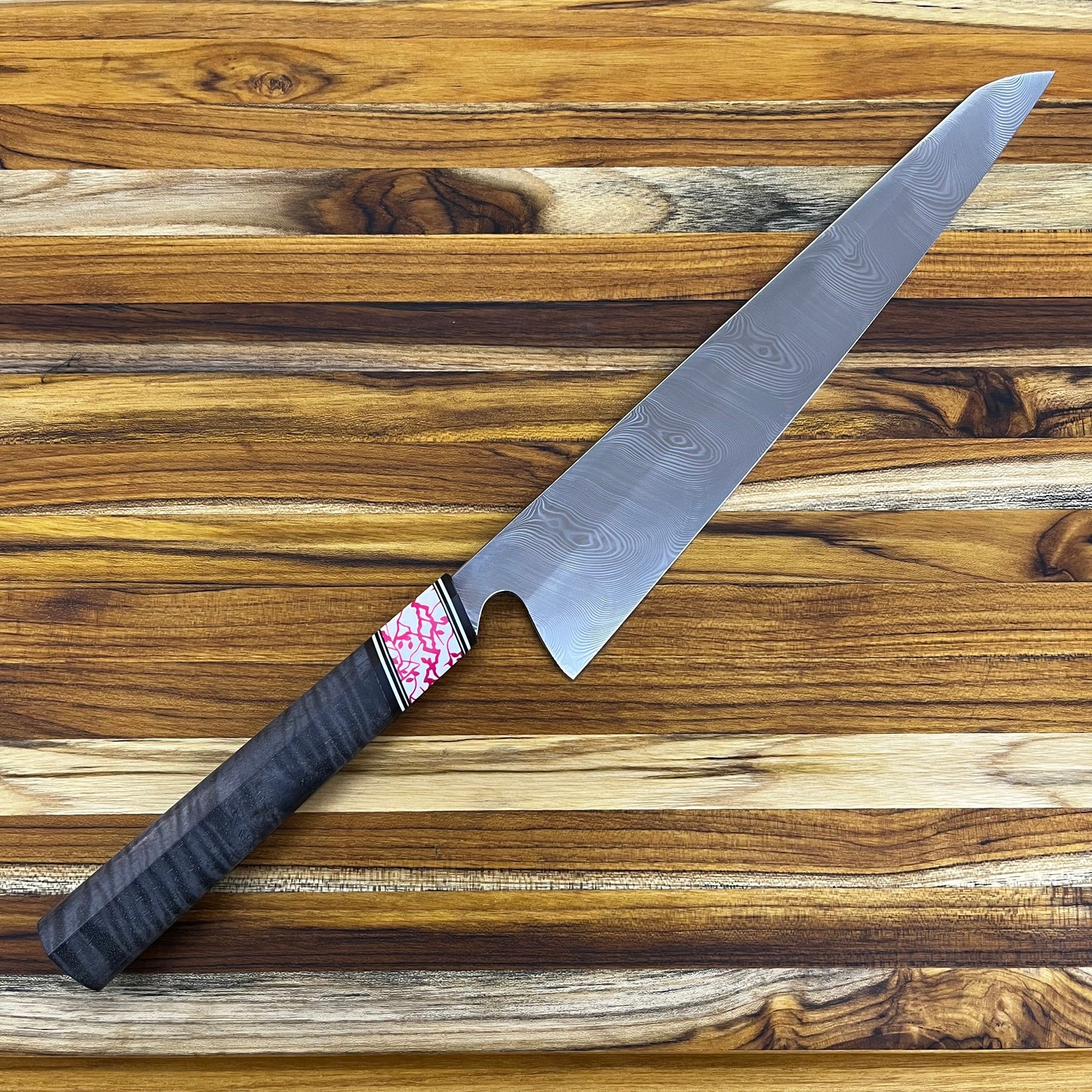 3rd Hill Customs Damasteel 280mm (11") Sujihiki w/ Black Curly Mango Handle